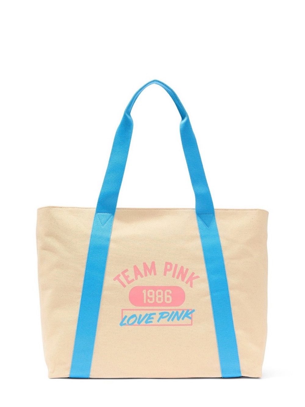 PINK Victoria's Secret Beige Canvas Tote with Bright Blue Straps and Pink Logo